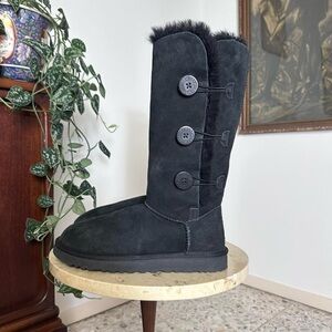 Black UGG Bailey button knee high boots with black fur trim Size 10